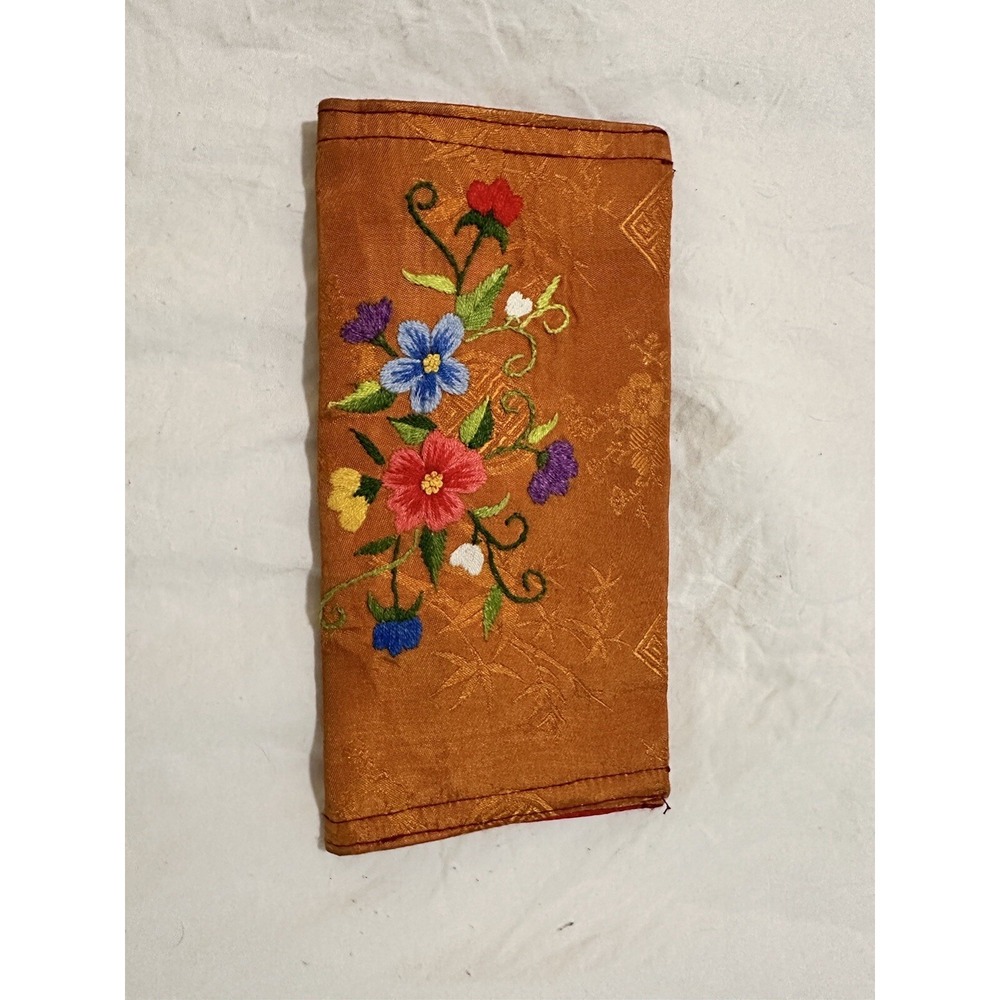 Vintage Hand Embroidered Floral Silk Clutch Bag Burnt Orange Red Satin Lining